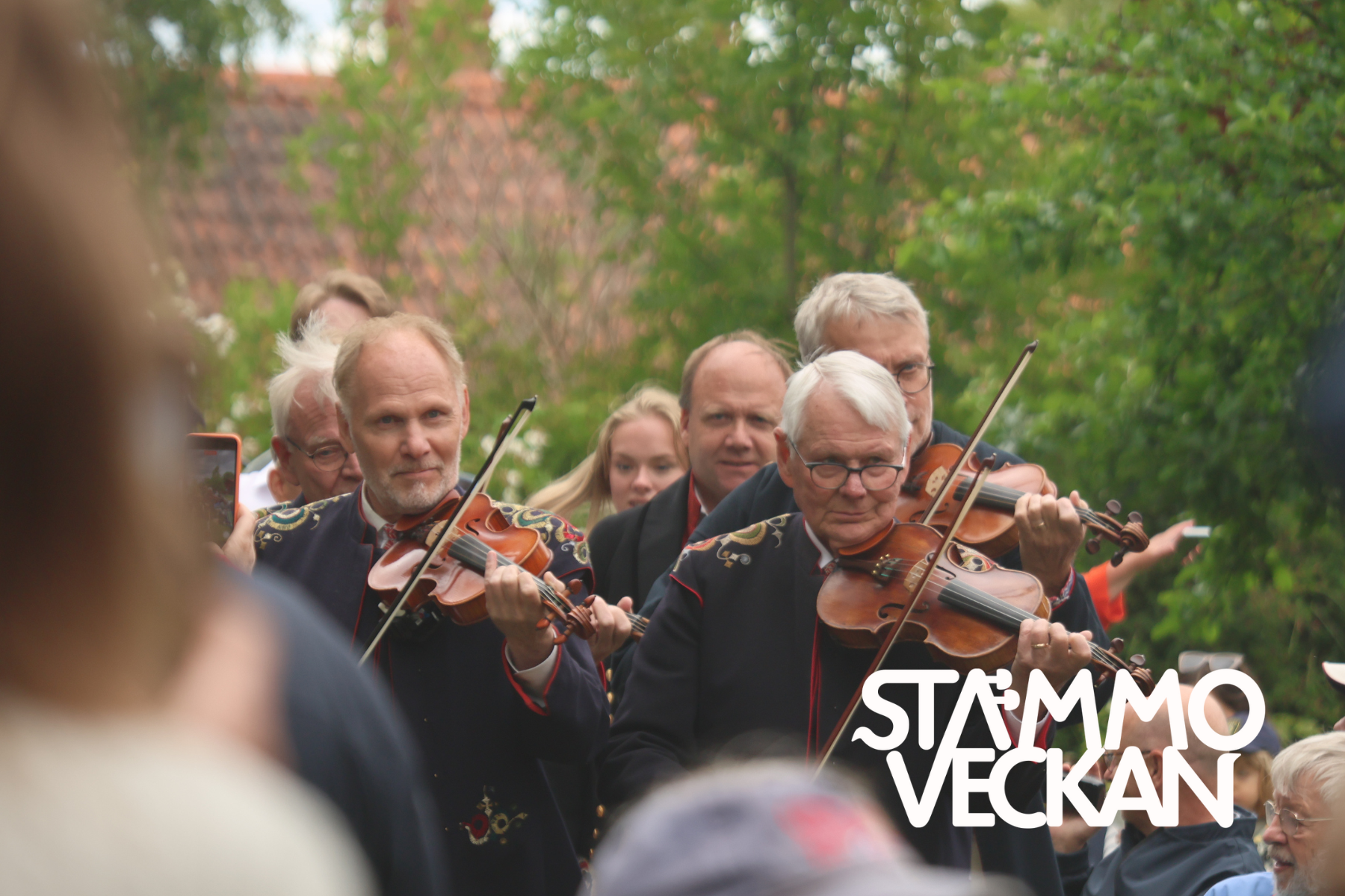 En grupp musiker spelar violiner utomhus, med texten "STÄMMOVECKAN" i hörnet.