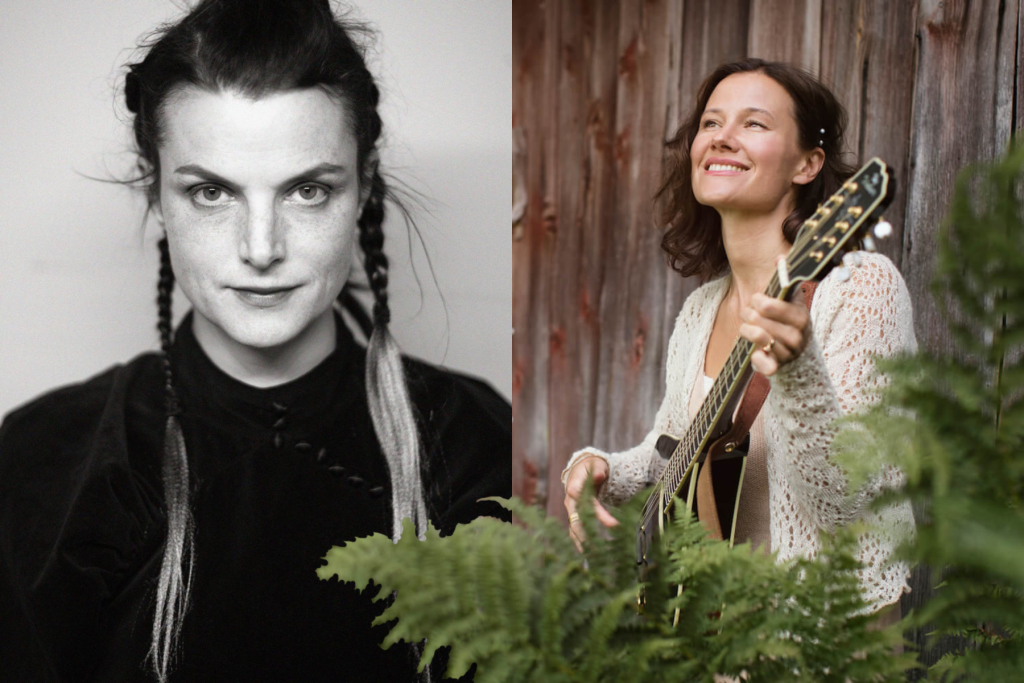 Delad bild: Ett svartvitt porträtt av en kvinna med flätor och ett färgporträtt av en kvinna som spelar mandolin.