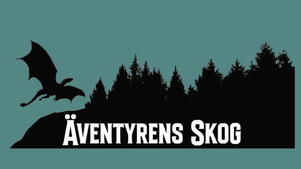 Silhuett av en drake nära en skog med texten "Äventyrens Skog" i feta vita bokstäver.