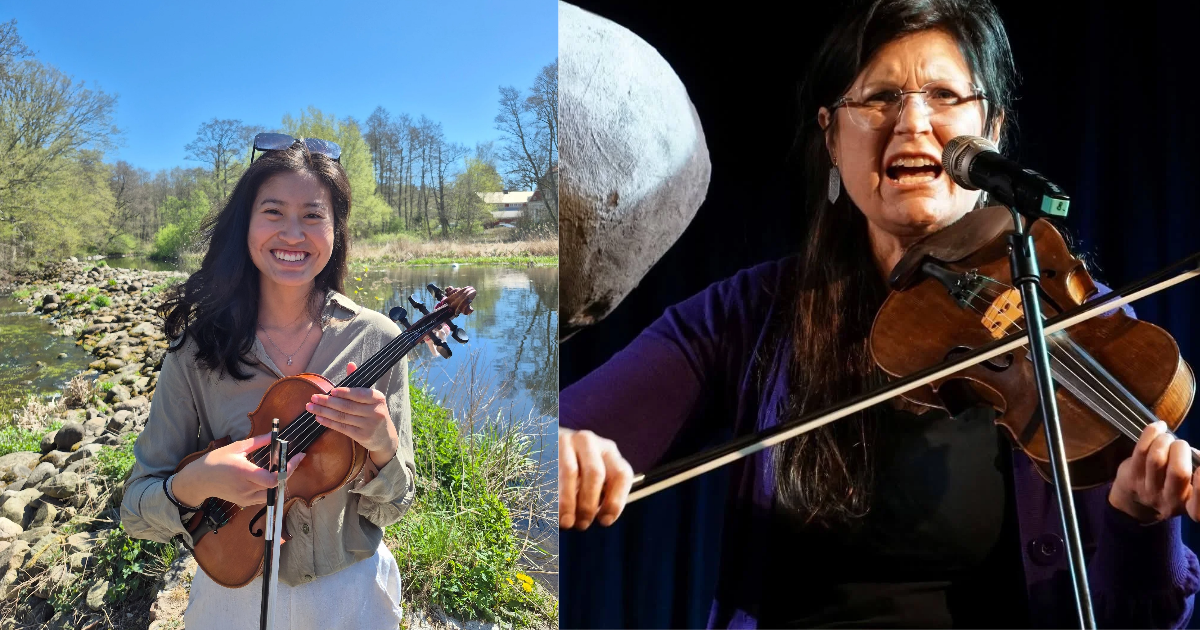 En leende kvinna håller en violin utomhus; en annan kvinna spelar violin och sjunger på scenen med en mikrofon.