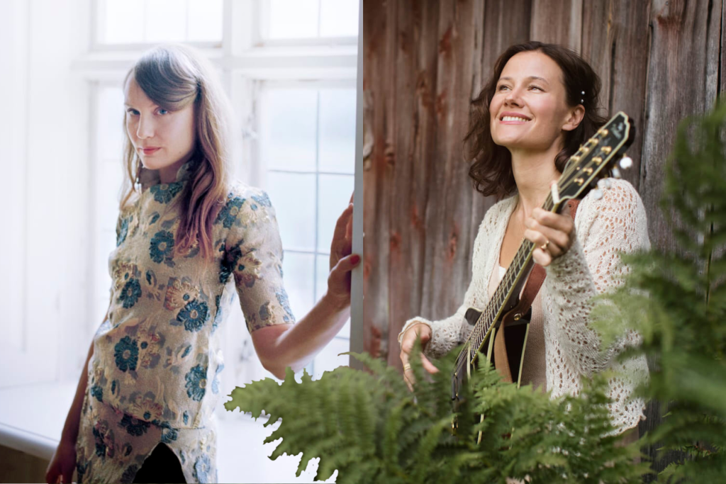 Vänster: Kvinna i blommig topp vid fönster. Till höger: Kvinna i vit tröja spelar gitarr nära trävägg och grönska.