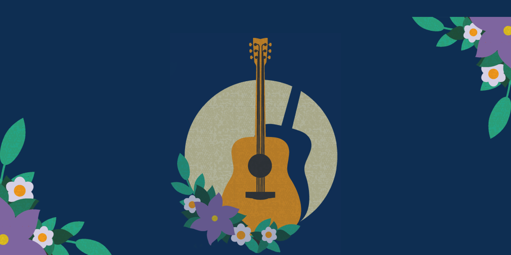Illustration av en akustisk gitarr med blommor och blad på en mörkblå bakgrund.
