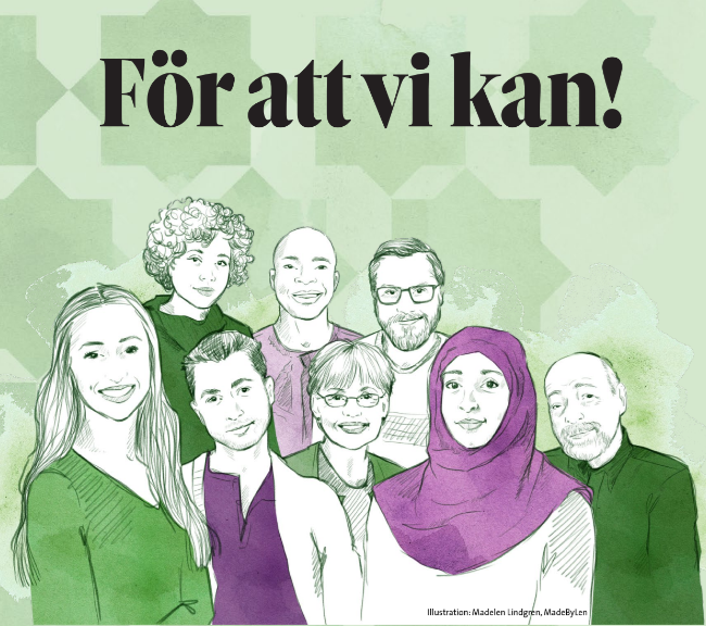 Illustration av en grupp olika människor med text om en studiecirkel om demokrati och röstning i Sverige.