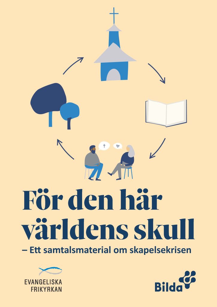 Illustration av två personer som samtalar, med ikoner av ett träd, en kyrka och en bok i ett cirkulärt flöde ovanför dem.