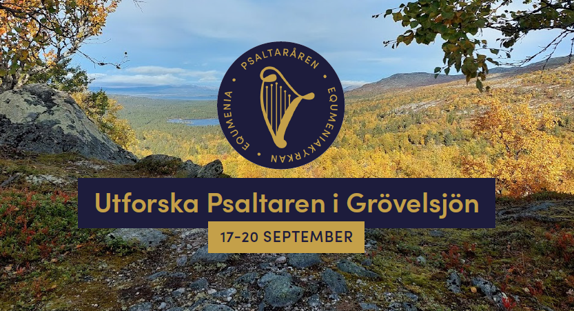 Naturskön vy av berg och höstträd med eventtext: Utforska Psaltaren i Grövelsjön, 17-20 september.