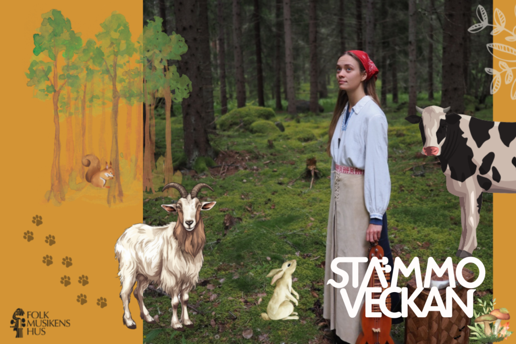 En kvinna i folkdräkt står i en skog, omgiven av illustrerade djur och texten "STÄMMOVECKAN".