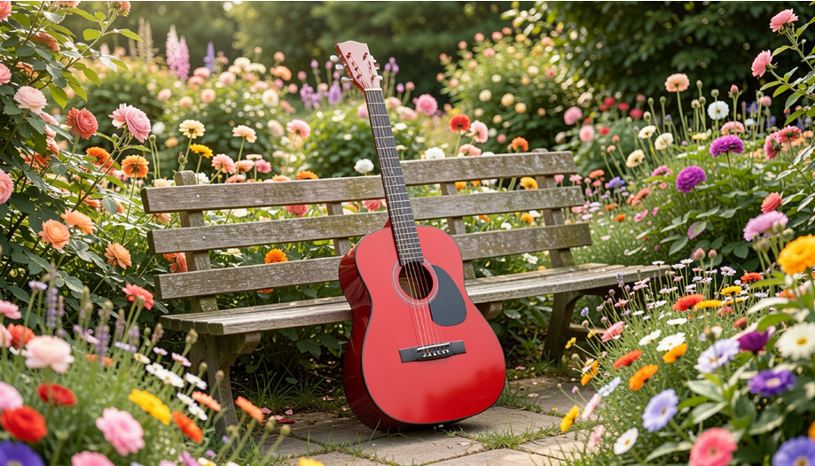En röd akustisk gitarr vilar på en träbänk omgiven av färgglada blommor i en trädgård.