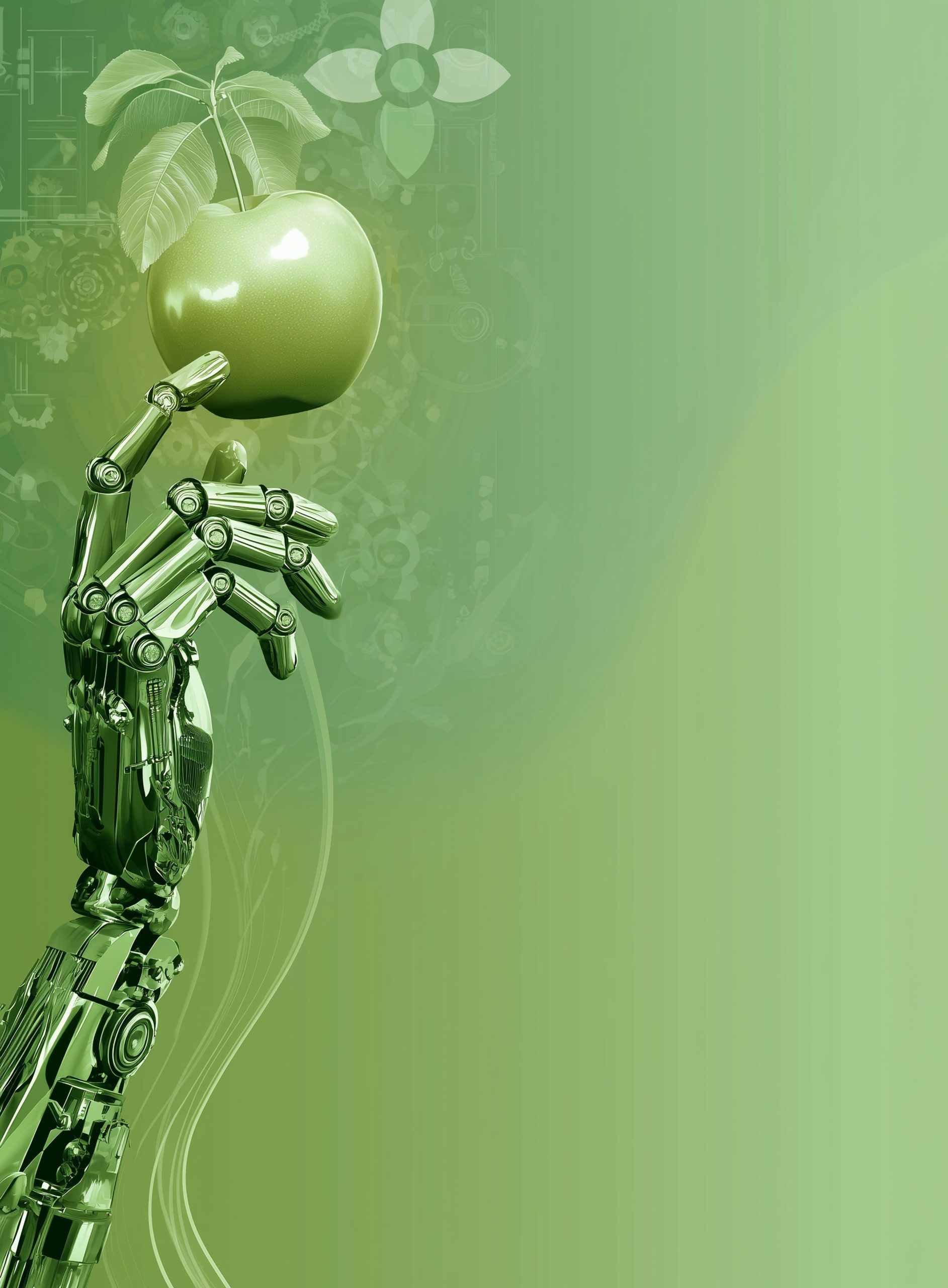 En robothand håller i ett grönt äpple mot en grön bakgrund med digitala och botaniska element.