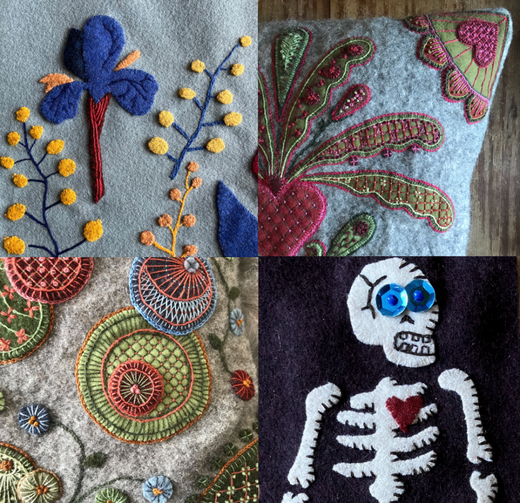 Ett collage av fyra broderade tygmönster: blommor, jordgubbar, cirklar och ett skelett med ett rött hjärta.