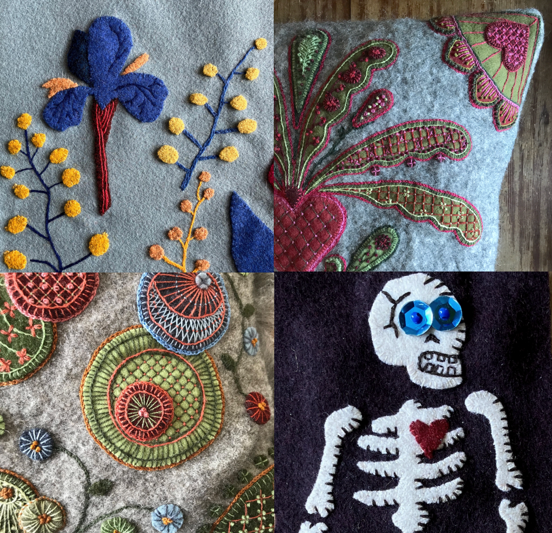 Ett collage av fyra broderade tygmönster: blommor, jordgubbar, cirklar och ett skelett med ett rött hjärta.