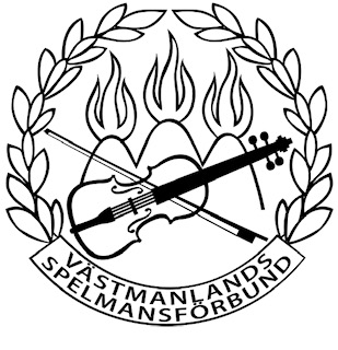 Svartvit logotyp med violin, stråke, lagerkrans, eldslågor och texten "Västmanlands Spelmansförbund.