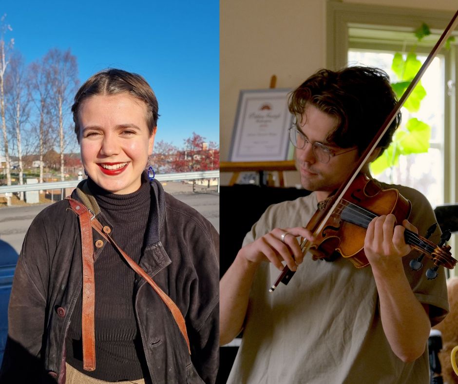Delad bild: Till vänster en leende kvinna utomhus; till höger en man som spelar violin inomhus nära ett fönster.