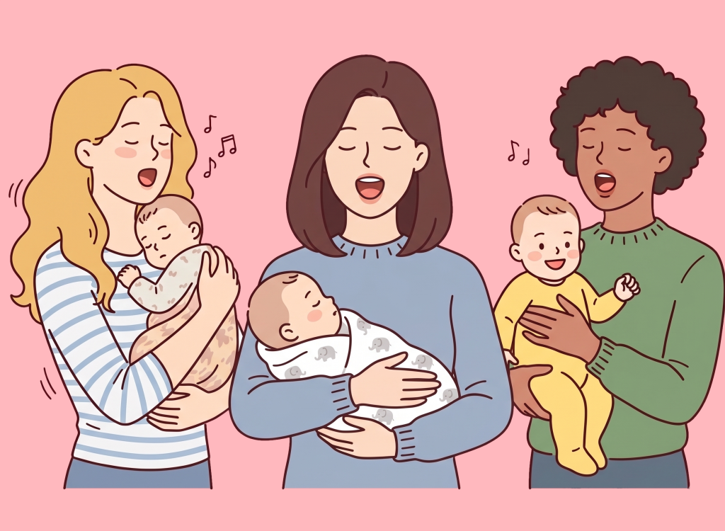 Tre kvinnor som håller spädbarn i famnen sjunger tillsammans, omgivna av musiknoter mot en rosa bakgrund.