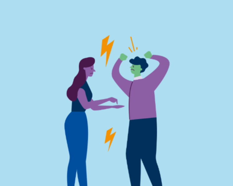Illustration av en kvinna och en man som grälar, med arga miner och blixtar mellan dem.