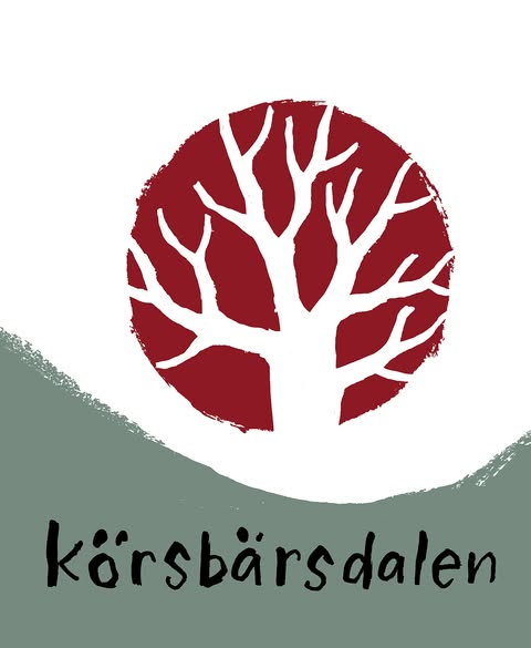 Ett vitt träd med kala grenar i en röd cirkel ovanför ordet "Körsbärsdalen" på en grön och vit bakgrund.