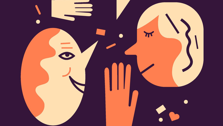 Abstrakt illustration av två ansikten som pratar, med händer och former mellan dem mot en mörk bakgrund.