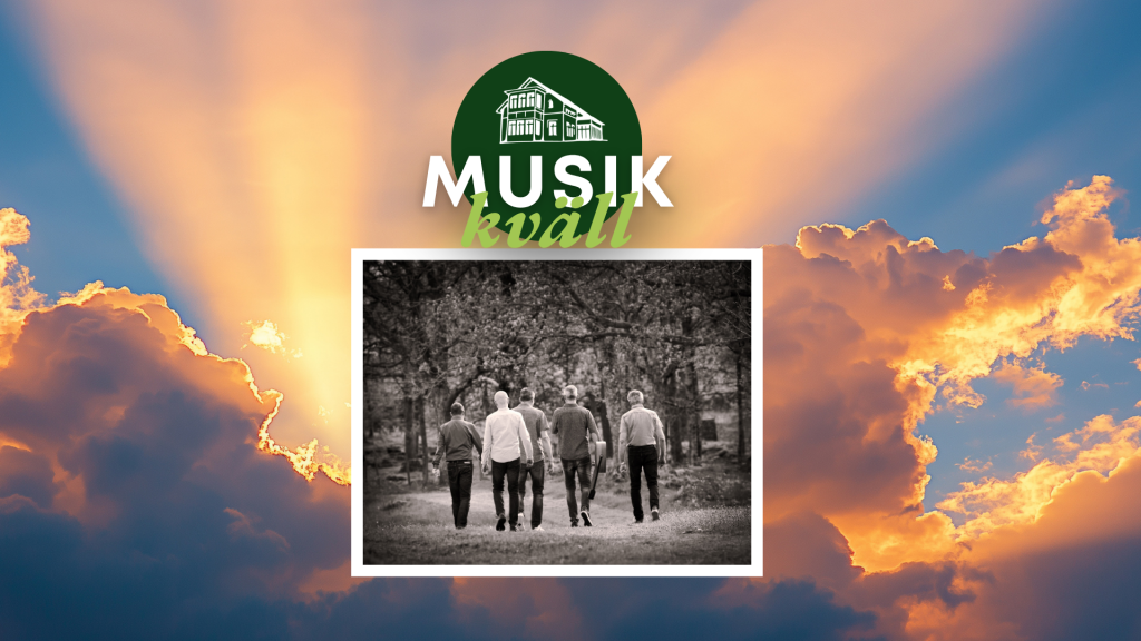Fem personer går iväg på ett sepiafärgat foto, med en solnedgångshimmel i bakgrunden och texten ”MUSIK kväll” ovanför.