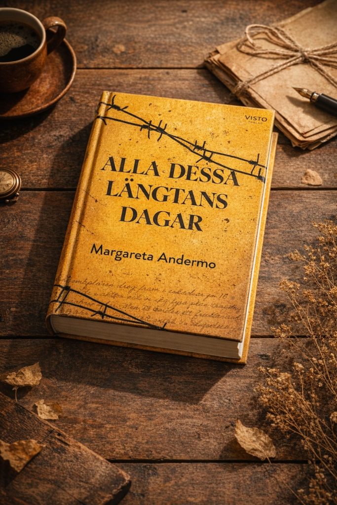 En gul bok med titeln "Alla Dessa Längtans Dagar" av Margareta Andermo på ett rustikt träbord.