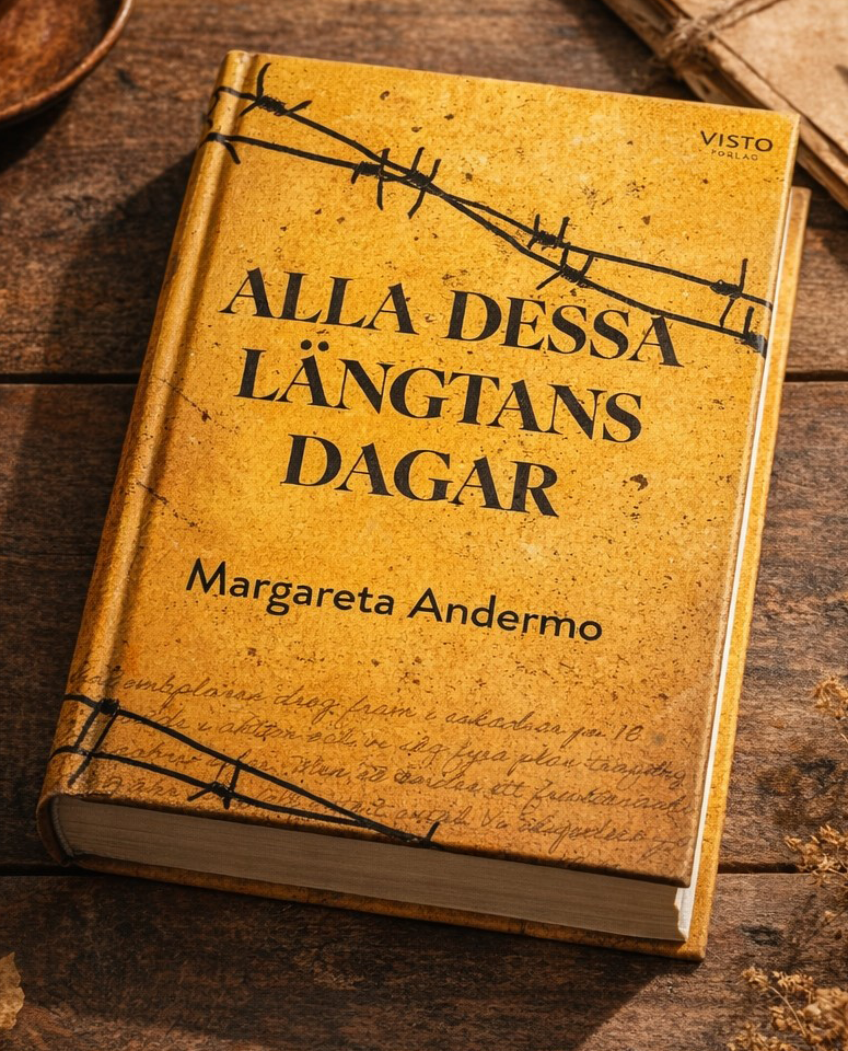 En gul bok med titeln ”Alla Dessa Längtans Dagar” av Margareta Andermo på ett träbord.