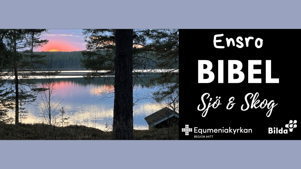 En sjö i solnedgång med träd i förgrunden och svensk text som marknadsför ett bibelevenemang vid vattnet och skogen.
