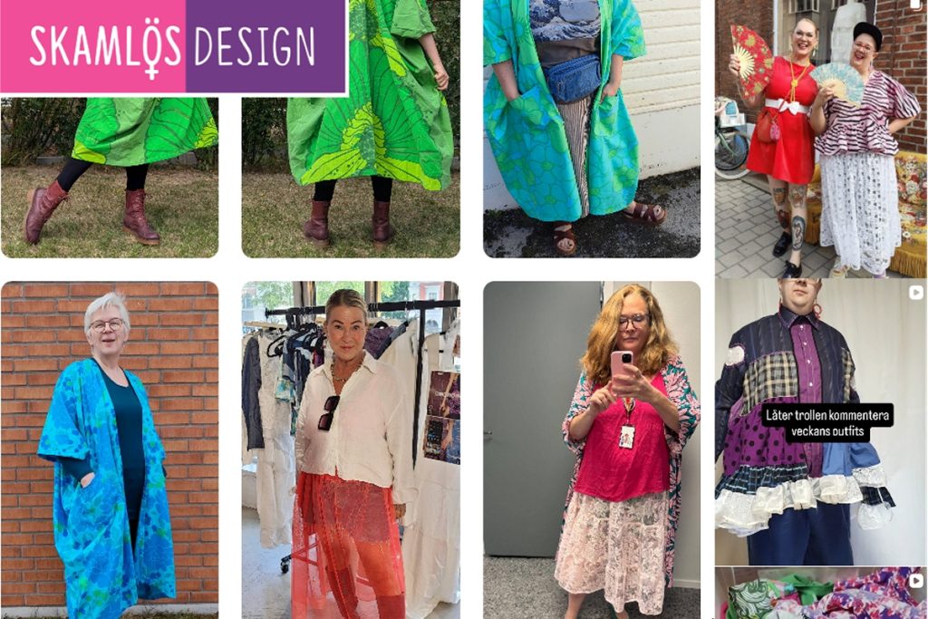 Collage av kvinnor i färgglada, löst sittande klänningar och kappor, med logotypen "SKAMLØS DESIGN" högst upp.