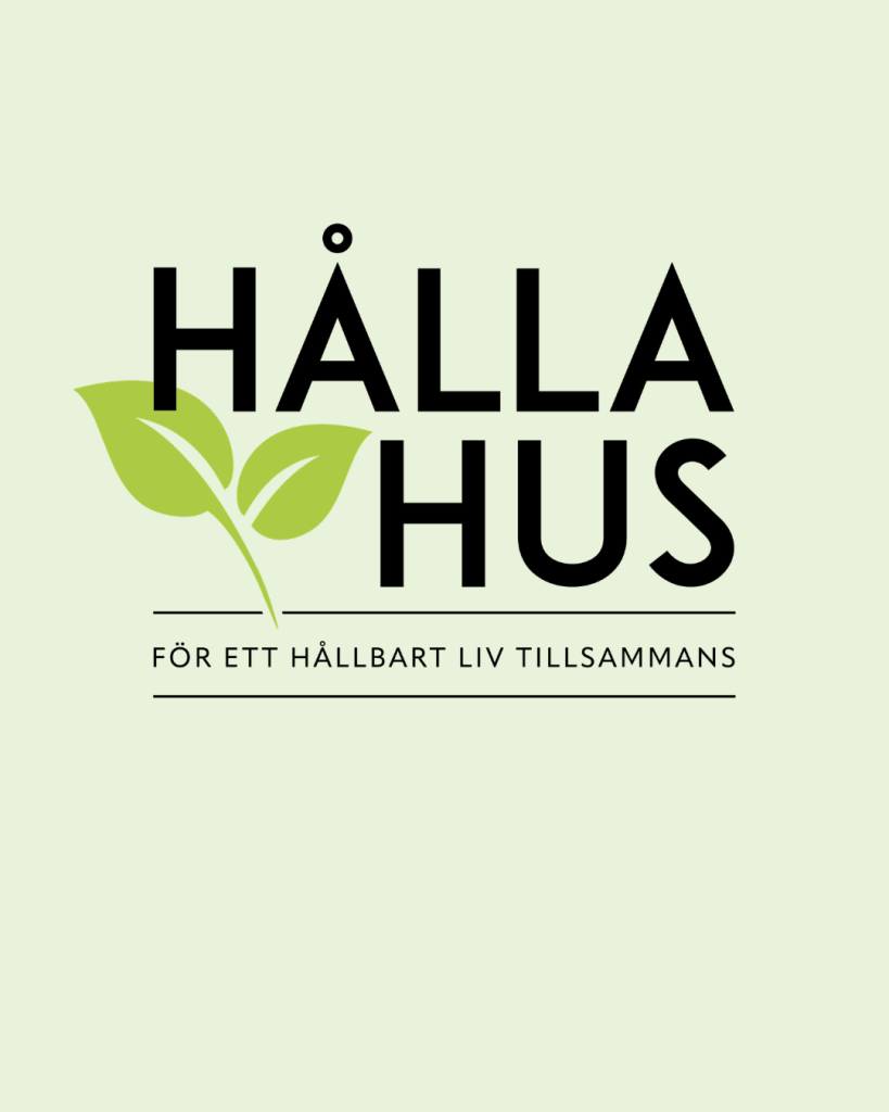Logotyp med texten ”HÅLLA HUS”, gröna blad och den svenska texten ”FÖR ETT HÅLLBART LIV TILLSAMMANS” nedanför.