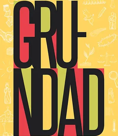 Bokomslag med texten ”Grundad Konfirmationsmaterial” i fetstil på gul bakgrund med ljusa ikoner.