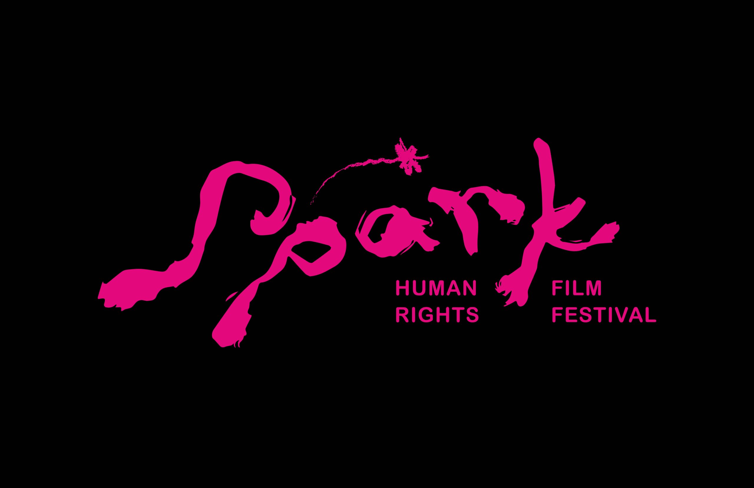 Rosa text ”Spark Human Rights Film Festival” på svart bakgrund; ”Spark” i form av en tänd tändsats.