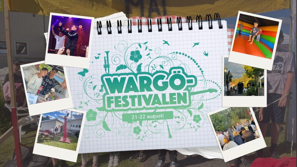Ett collage av aktiviteter från Wargö Festivalen, den centrala logotypen, människor som njuter av musik, lekar och gemensamma sammankomster.