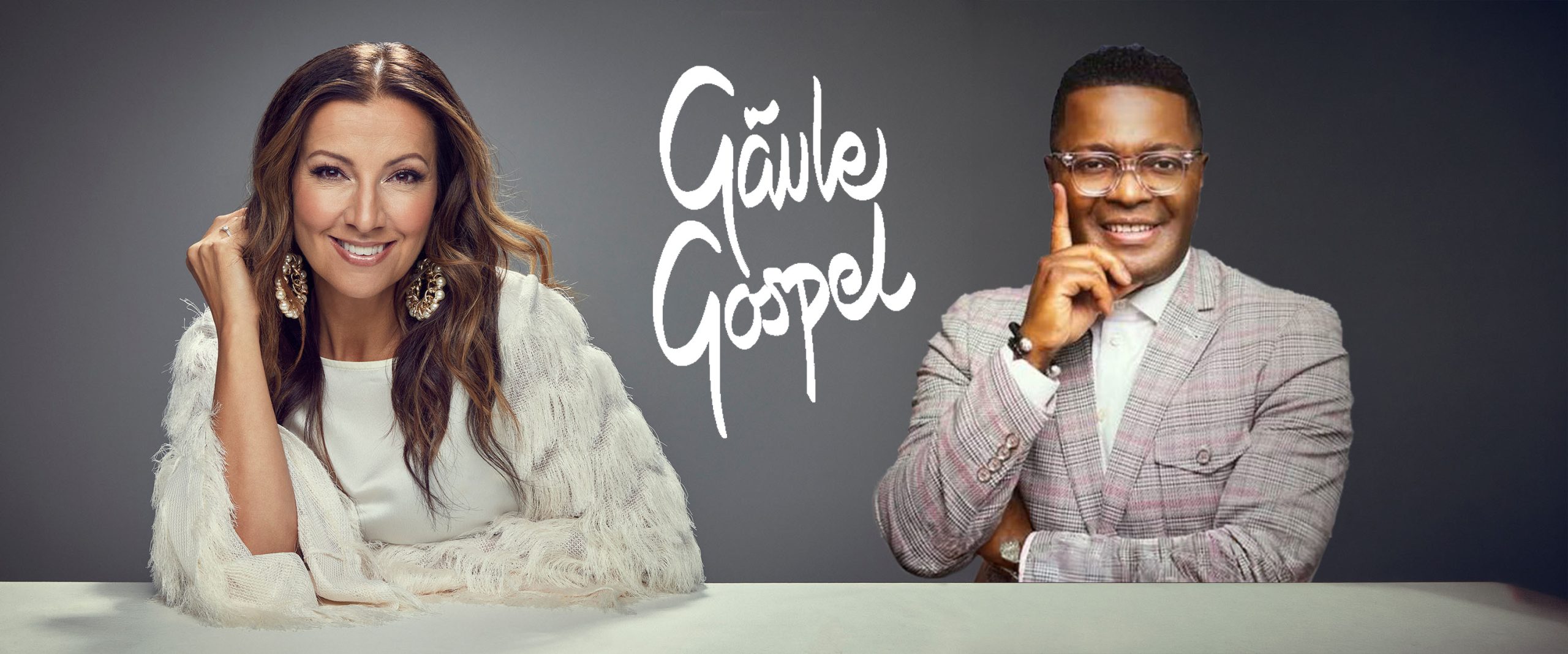 Två leende personer, den ena klädd i vitt, den andra i en rutig jacka, med texten ”Gävle Gospel” skriven mellan dem på en grå bakgrund.