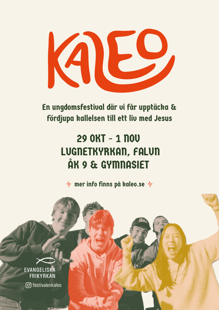 En grupp glada tonåringar som poserar tillsammans för att marknadsföra en ungdomsfestival i Falun, Sverige, med information om evenemanget ovan.