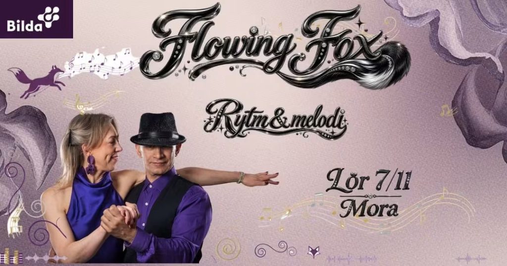 Ett dansande par i lila, med texten ”Flowing Fox, Rytm & melodi, lör 7/11 Mora” samt dekorativa snirklingar.