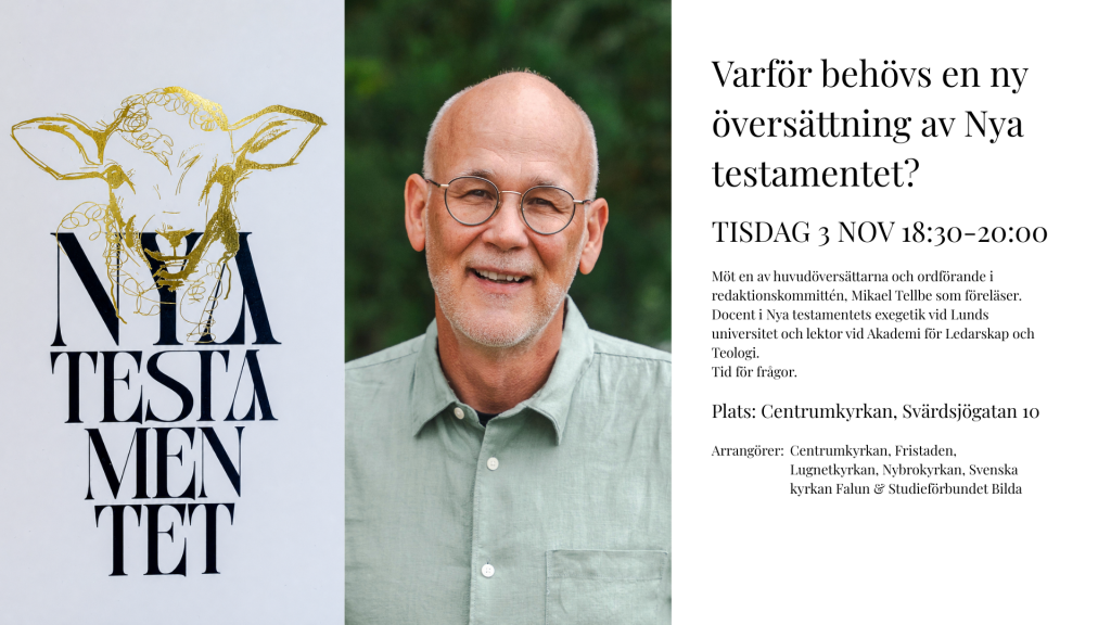 En leende man med glasögon bredvid information om evenemanget och en illustration av en get med texten ”Nya Testamentet”.