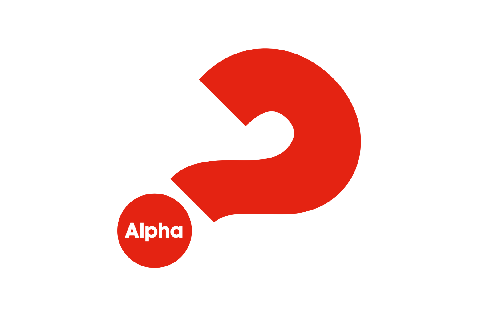 Ett rött frågetecken med en röd prick märkt ”Alpha” på vit bakgrund.