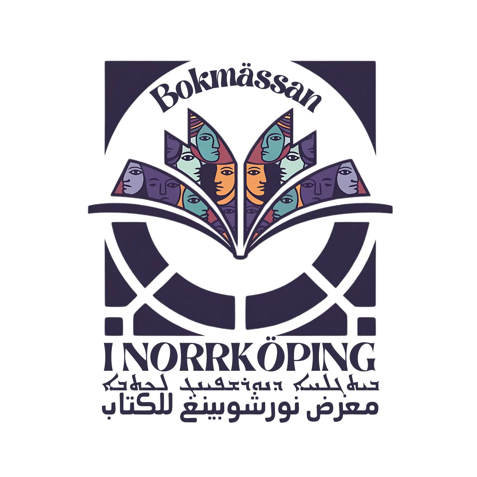 Logotyp för Bokmässan i Norrköping, som visar stiliserade ansikten i en öppen bok, med text på arabiska och svenska.