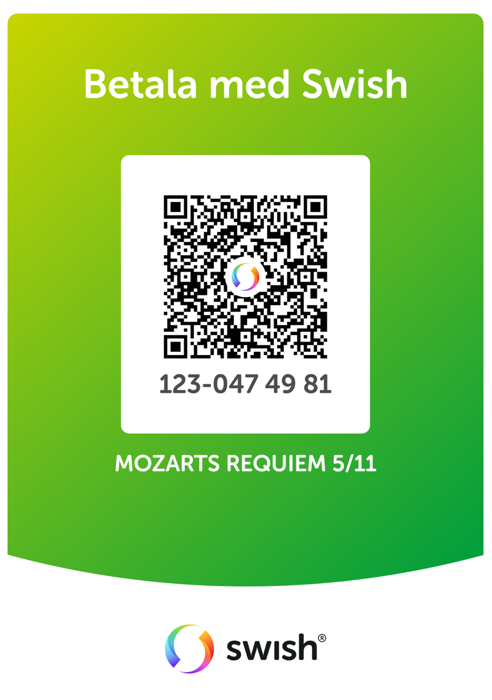 Skanna QR-koden för betalning, nummer 123-047 49 81, för Mozarts Requiem-evenemang den 5/11.