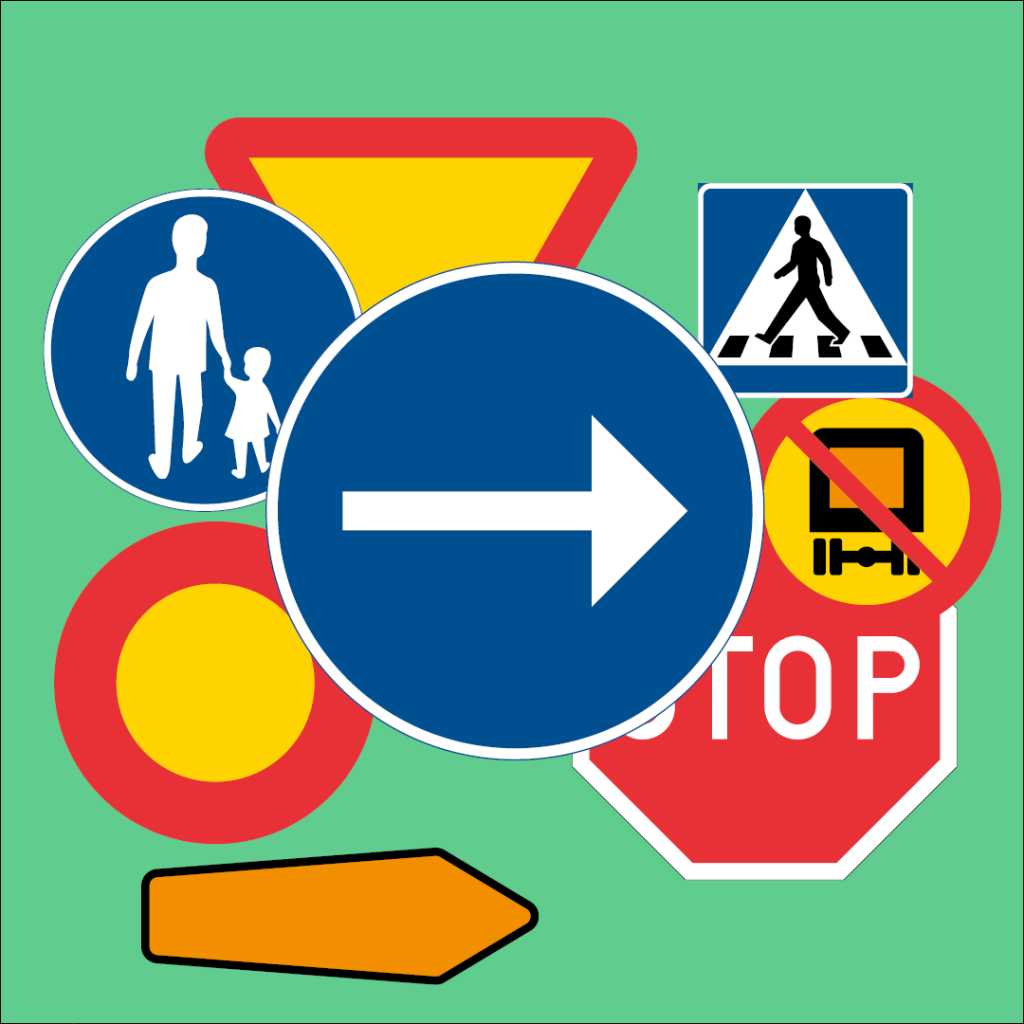 Ett collage av olika trafikskyltar, bland annat stoppskylt, väjningsskylt, fotgängarskylt, skylt med förbud mot lastbilar och en högerpil.