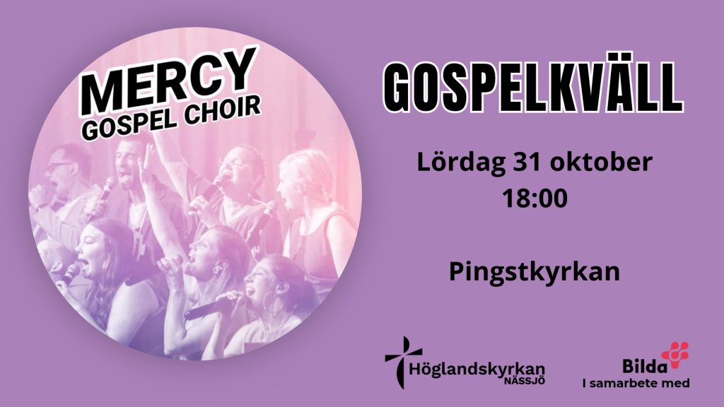 Evenemangsaffisch för en gospelkörkonsert den 31 oktober kl. 18.00 i Pingstkyrkan.