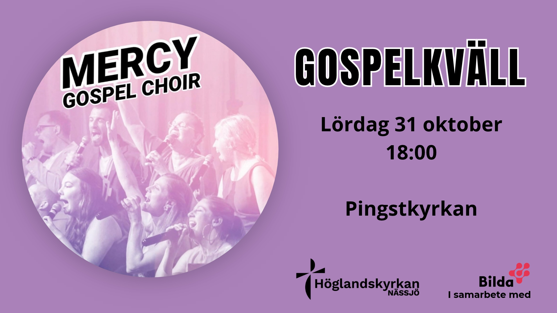Evenemangsaffisch för en gospelkörkonsert den 31 oktober kl. 18.00 i Pingstkyrkan.