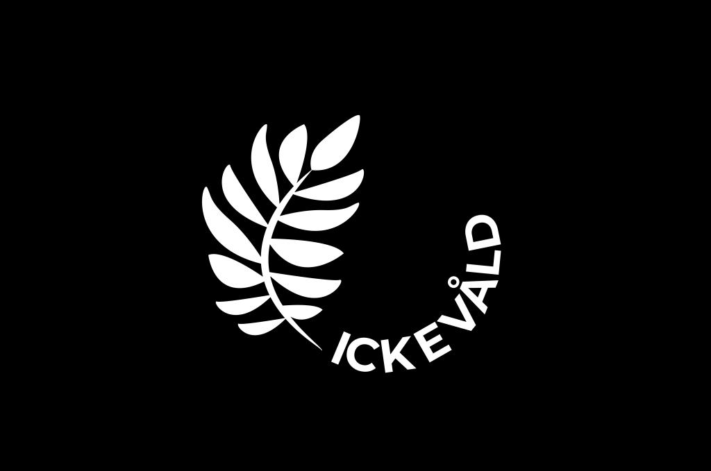 En vit ormbunkslogotyp med texten ”ICKEVÅLD” på svart bakgrund.